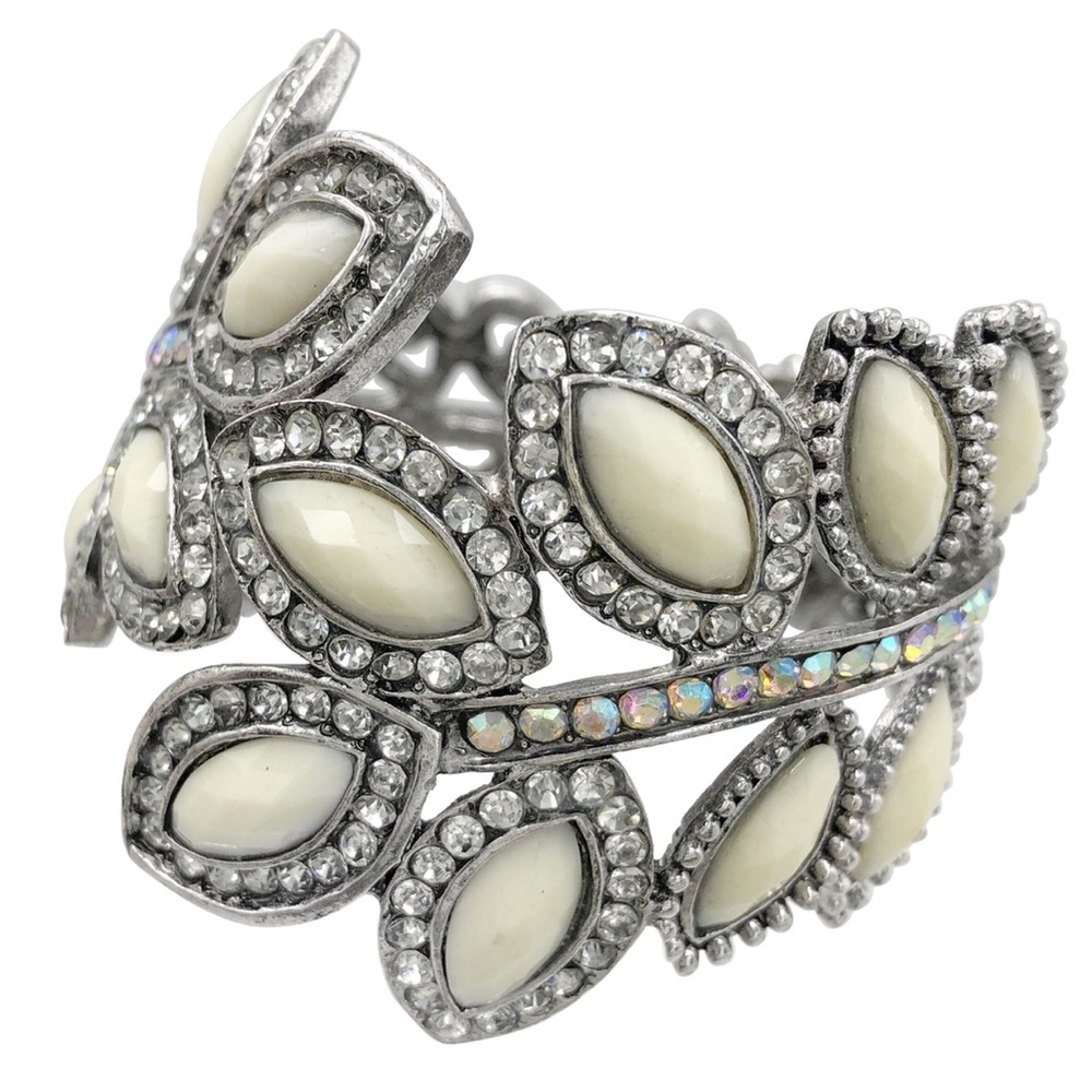 Large White Leaf Leaves Branch Fancy Rhinestone Silver Hinged Bangle Bracelet